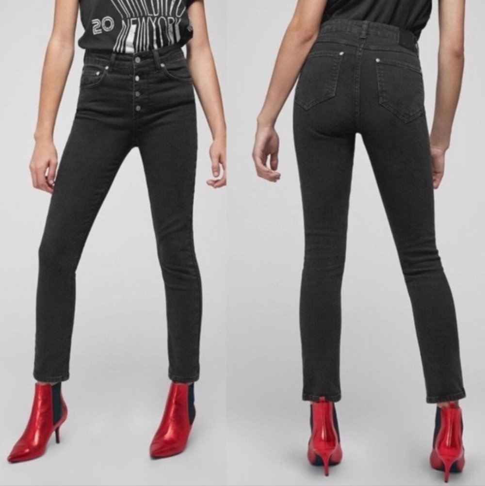 Anine Bing Frida Jeans Button Fly Skinny Black Washed  SZ 24‎ Stretch